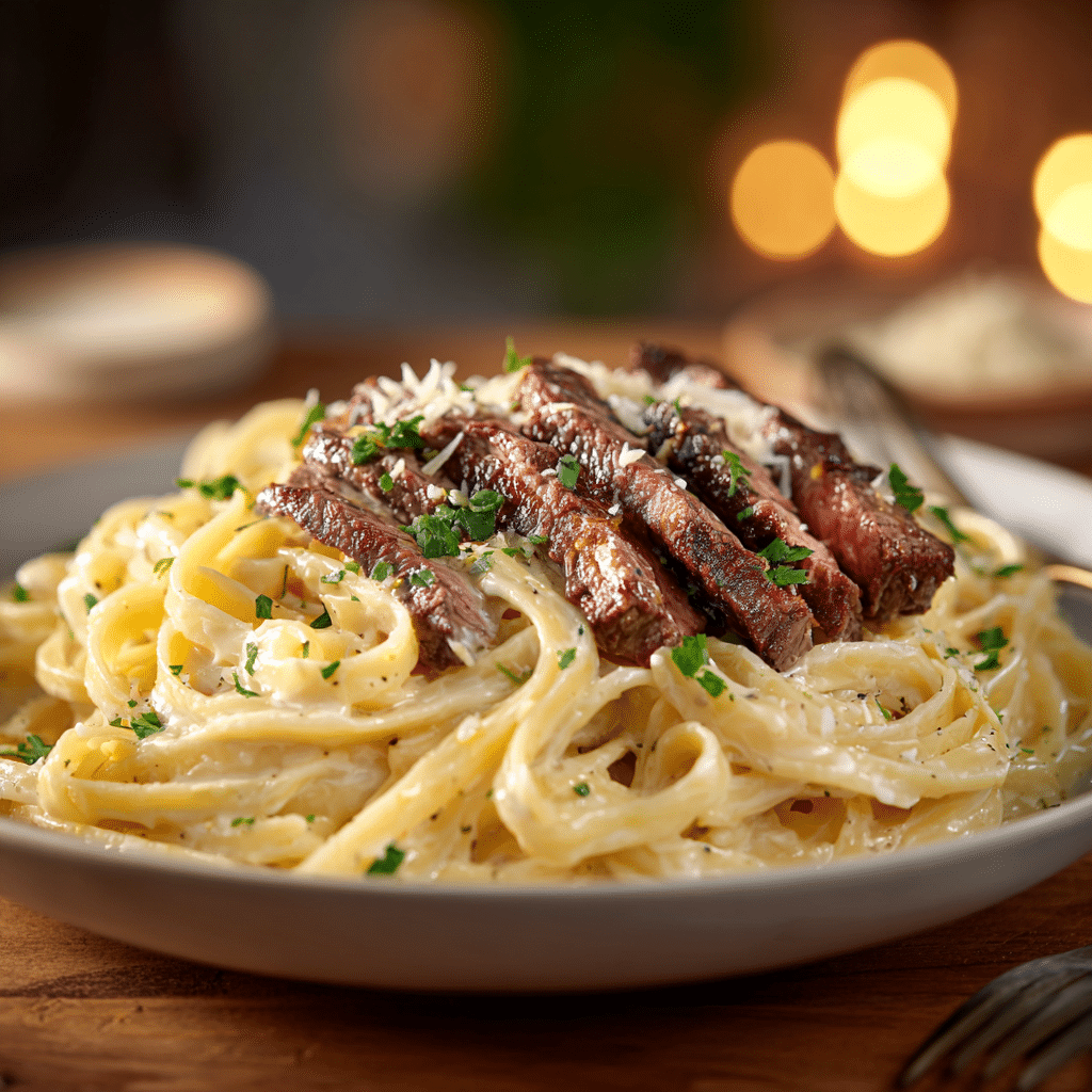 Steak Alfredo Recipe – Rich, Creamy & Easy Weeknight Favorite 6 Final steak Alfredo dish plated in a cozy home dining setting
