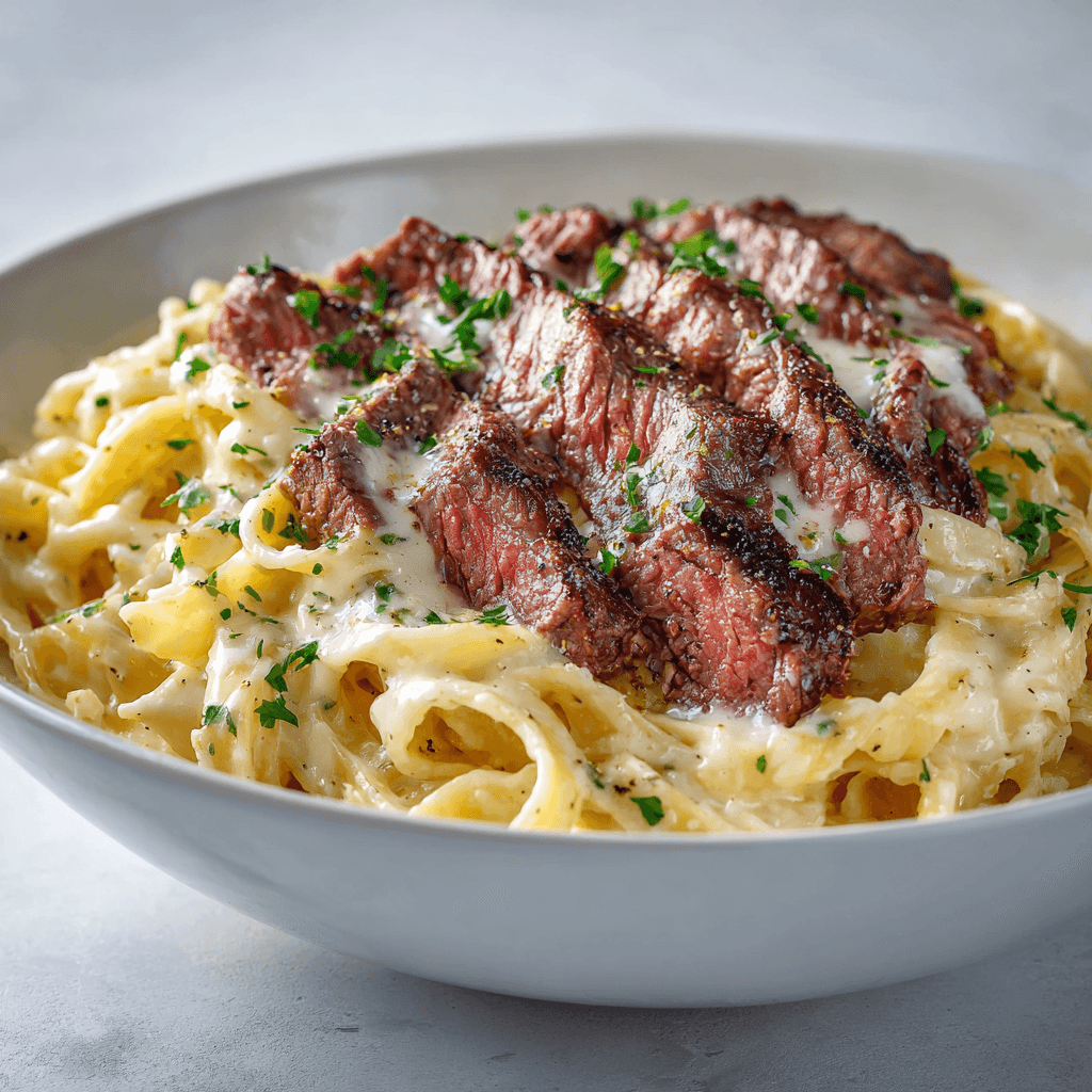 Steak Alfredo Recipe – Rich, Creamy & Easy Weeknight Favorite 3 Sliced steak served over creamy Alfredo pasta in a white bowl