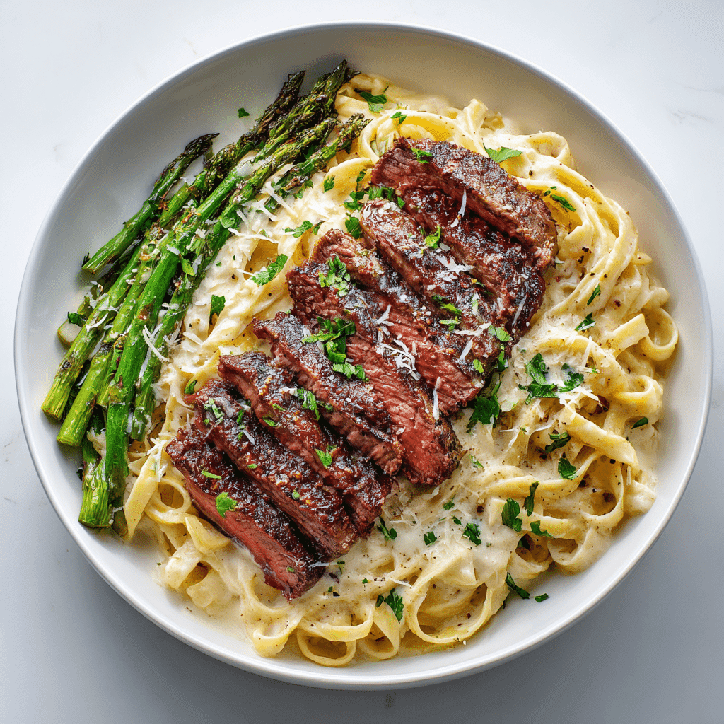 Steak Alfredo Recipe – Rich, Creamy & Easy Weeknight Favorite 5 Elegantly plated steak Alfredo with roasted asparagus on the side
