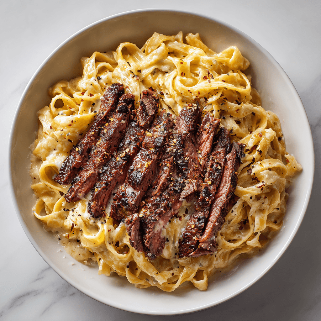 Creamy steak Alfredo recipe with sliced seared steak on fettuccine