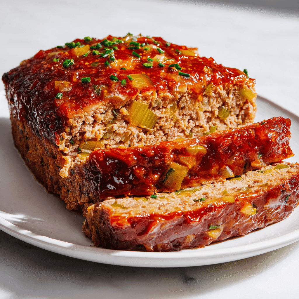 Cajun Meatloaf Recipe – Bold, Juicy, and Packed with Southern Flavor 4 Perfectly cooked Cajun meatloaf with glaze and peppers on white plate