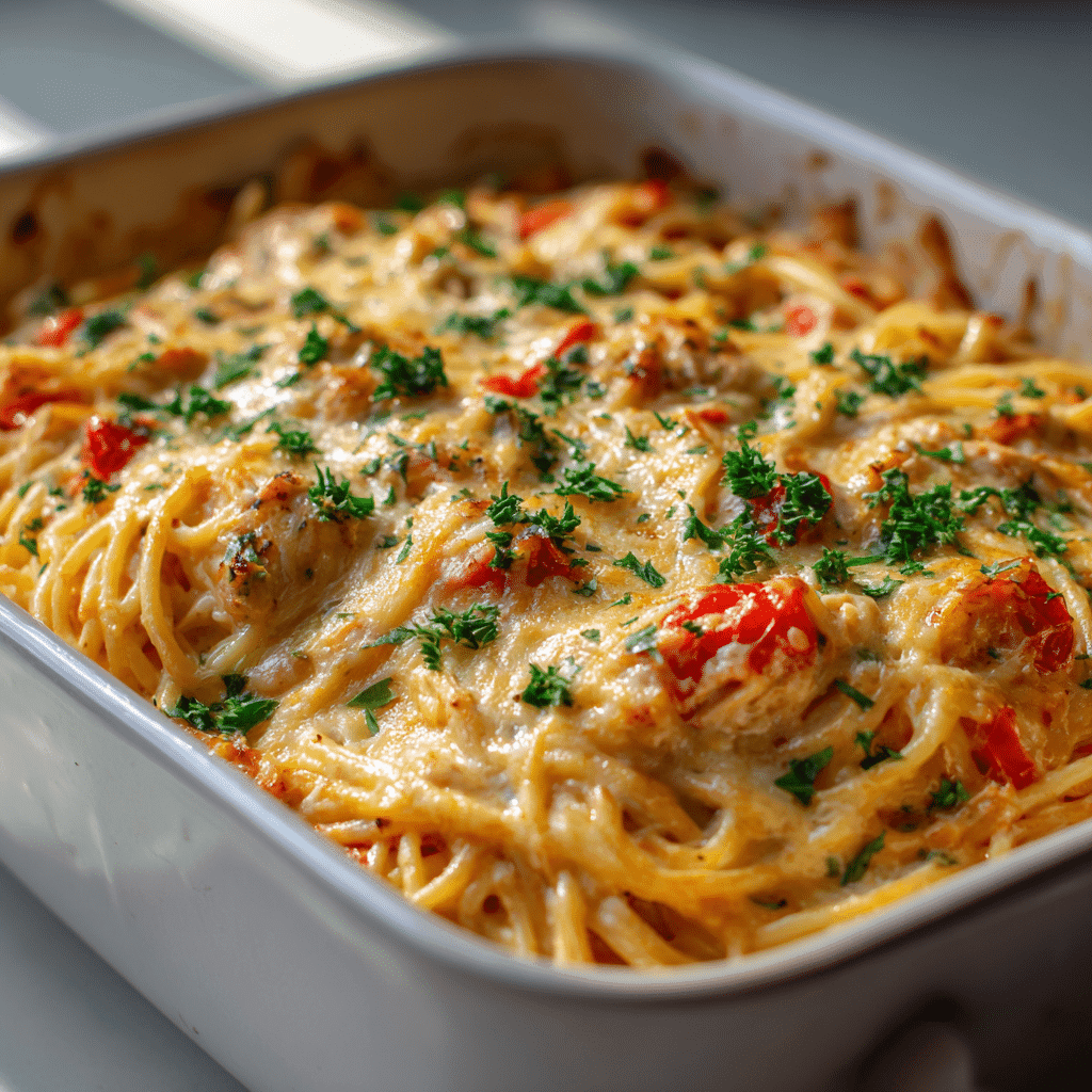 Chicken Spaghetti Recipe with Rotel – Easy Comfort Food 2 Close-up of creamy baked chicken spaghetti with Rotel tomatoes and cheese in a white dish