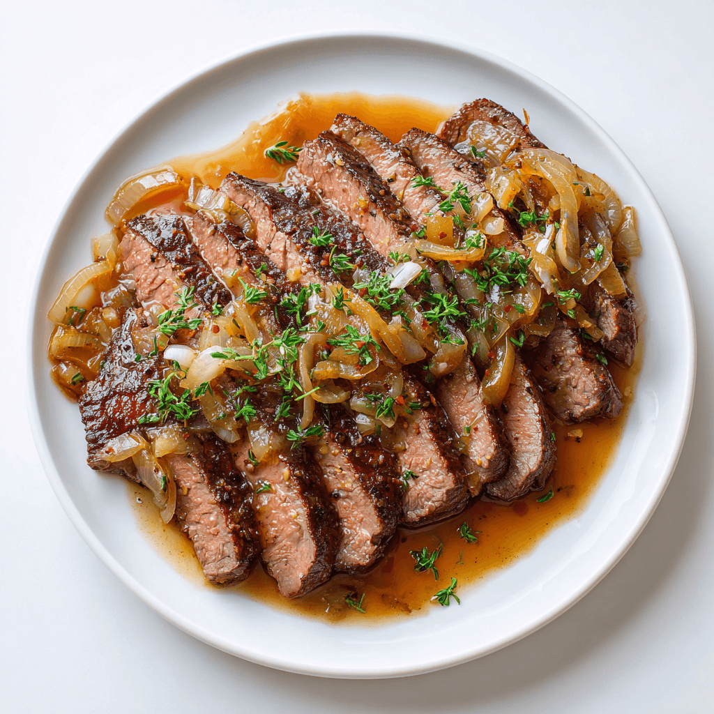 Slow Cooker London Broil Recipe – Tender, Juicy & No-Fuss 4 Plate of sliced Crock Pot London broil with caramelized onions and juices