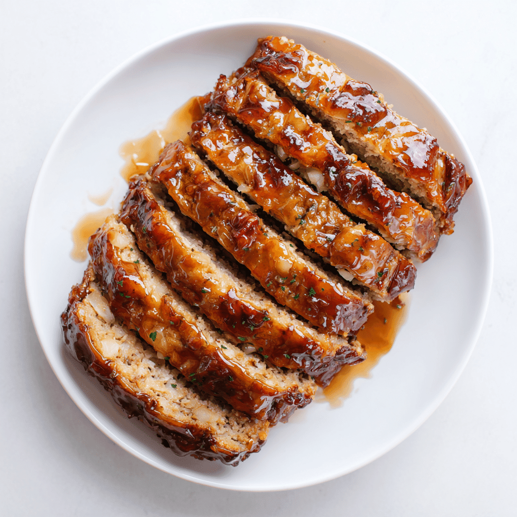 Lipton Onion Soup Meatloaf Recipe: Juicy, Classic & Easy to Make 4 Sliced Lipton onion soup meatloaf on a white plate with visible glaze and onion