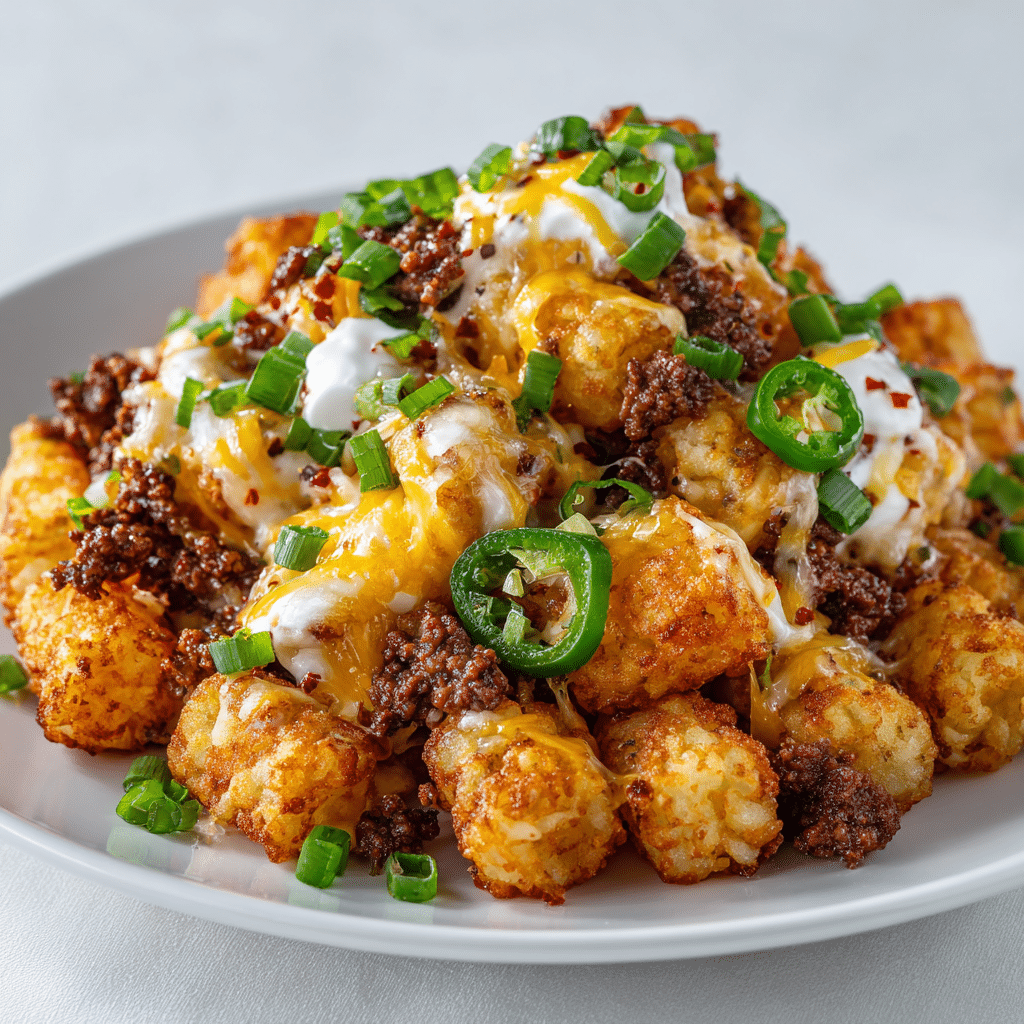 Loaded Tater Tots Recipe That’s Crispy, Cheesy, and Crowd-Pleasing 4 Final plate of loaded tater tots with cheese, beef, sour cream, and green onions
