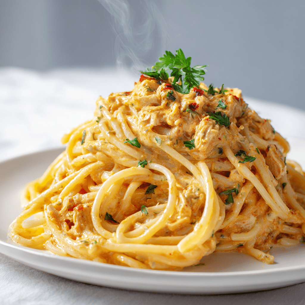 Chicken Spaghetti Recipe with Rotel – Easy Comfort Food 4 Plate of creamy chicken spaghetti with Rotel served warm on a white plate.