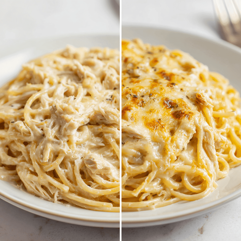 Chicken Spaghetti with Cream Cheese: Creamy Comfort Made Easy 5 Side-by-side view of stovetop and oven-baked chicken spaghetti with cream cheese.