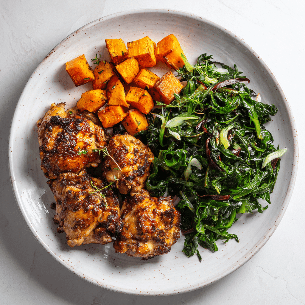 Air Fryer Roasted Sweet Potatoes: Crispy, Quick, Comforting 3 Roasted sweet potatoes served with chicken and greens on a white plate