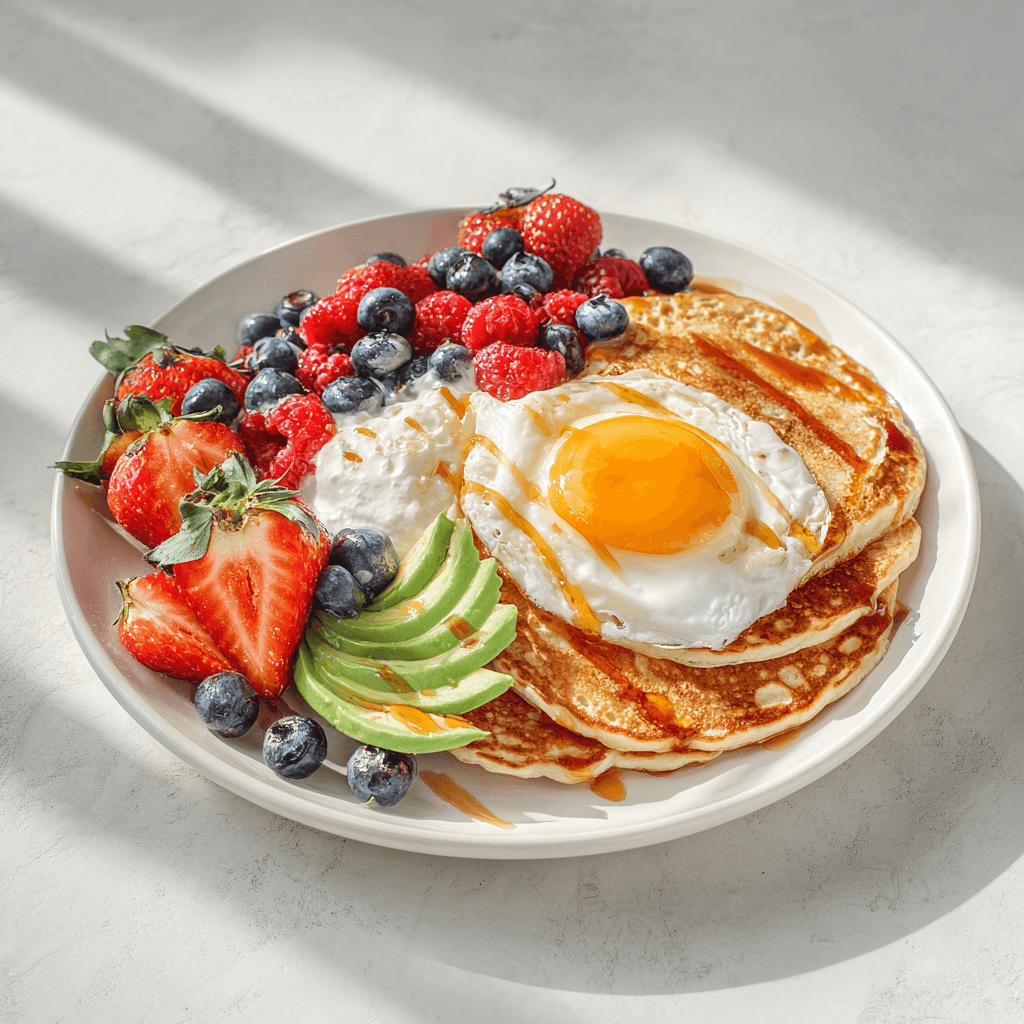 Protein Powder Pancakes Without Banana – 7 Best Hacks for Fluffy Results 5 Protein pancakes with sweet toppings and savory toppings on a white plate