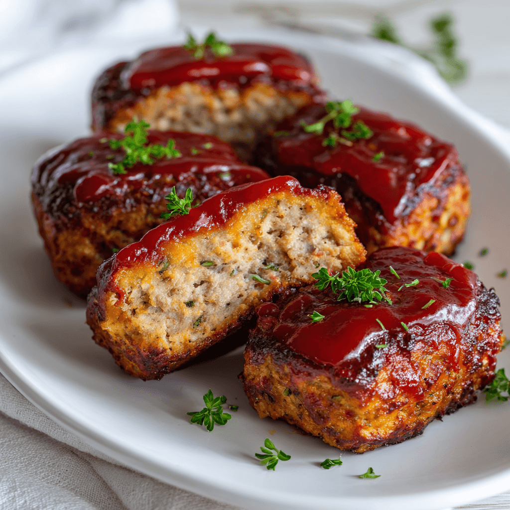 Mini Meatloaf Recipe That’s Juicy, Quick, and Comforting 3 Texas-style mini meatloaf with ketchup glaze on a white plate