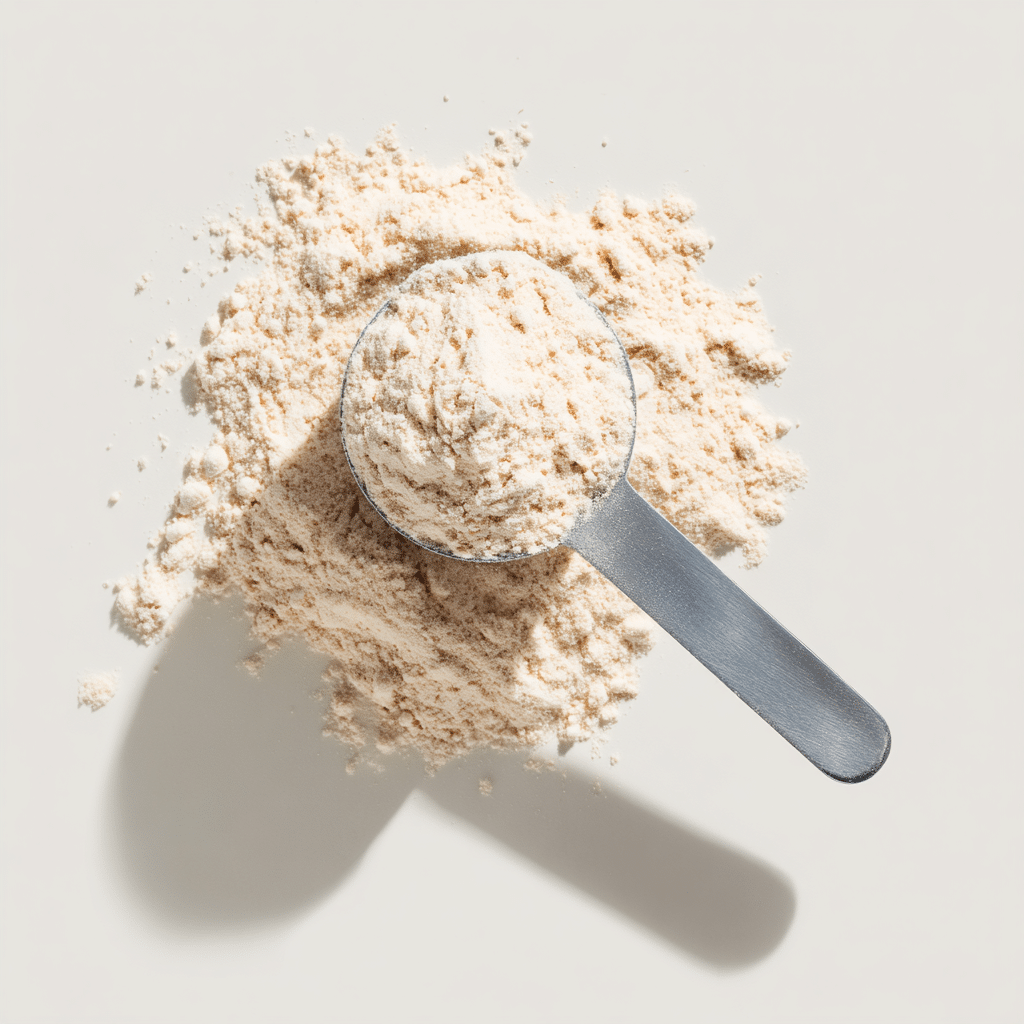 Protein Pancakes No Eggs: Easy, High-Protein, Egg-Free Stack Guide 2 Scoop of vanilla protein powder on a clean white background