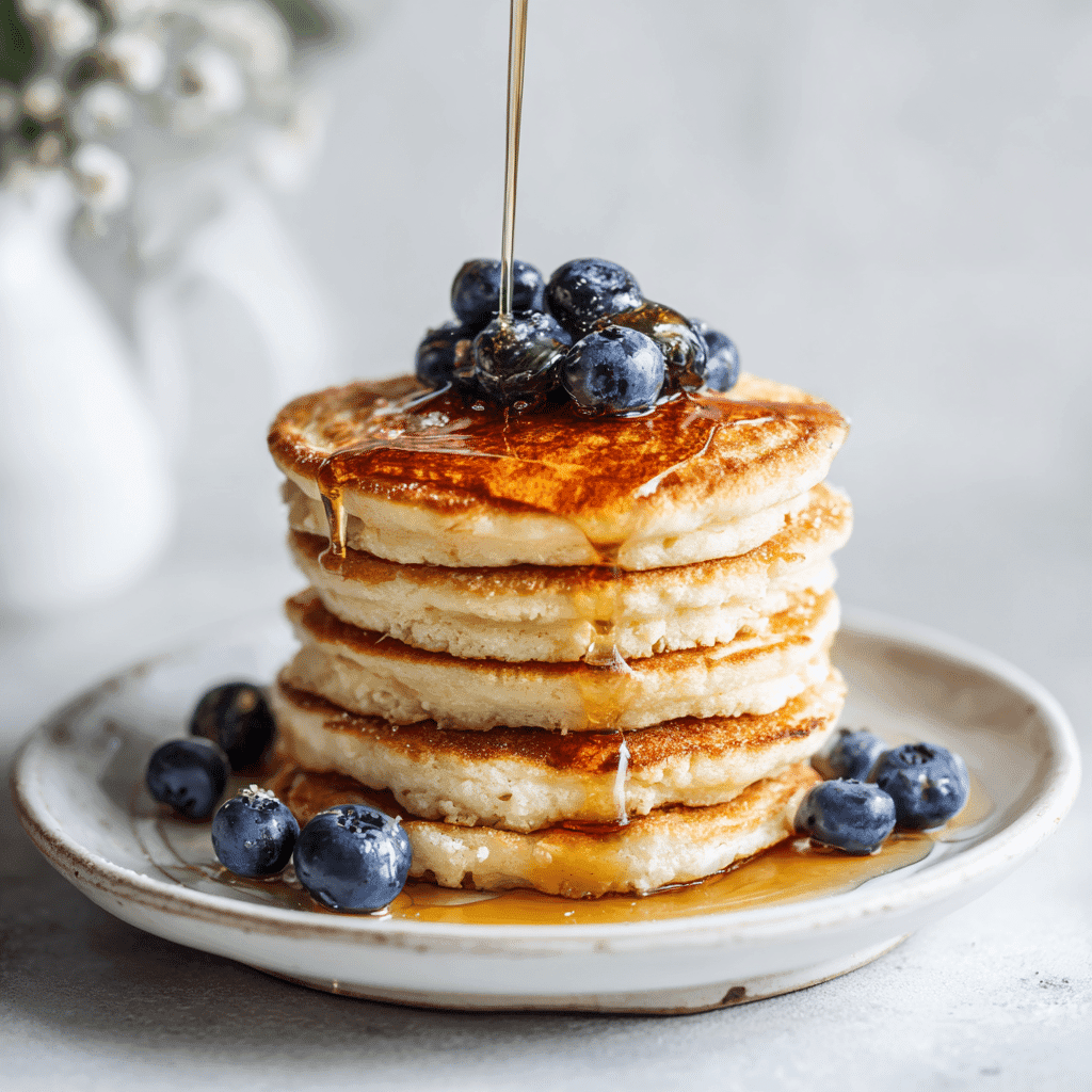 Vanilla Protein Powder Pancakes: Fluffy, Healthy & High-Protein 5 Vanilla protein powder pancakes with maple syrup and blueberries