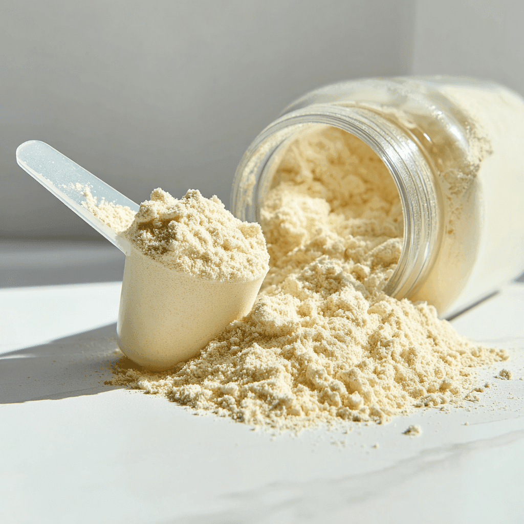 Vanilla Protein Powder Pancakes: Fluffy, Healthy & High-Protein 2 Scoop of vanilla protein powder on a white background