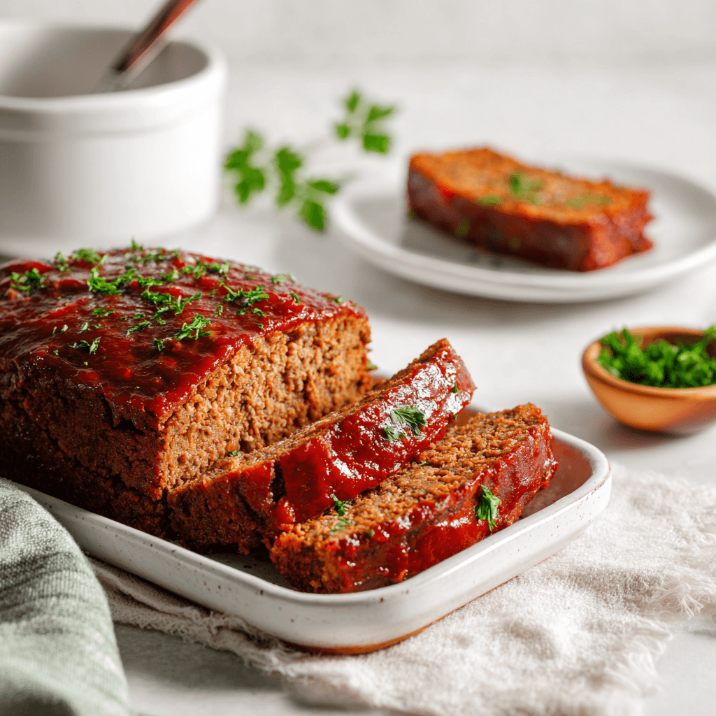 Vegan Meatloaf Impossible: Bold Flavor, No Beef Needed 7 Partially sliced vegan meatloaf made with Impossible meat on a white platter