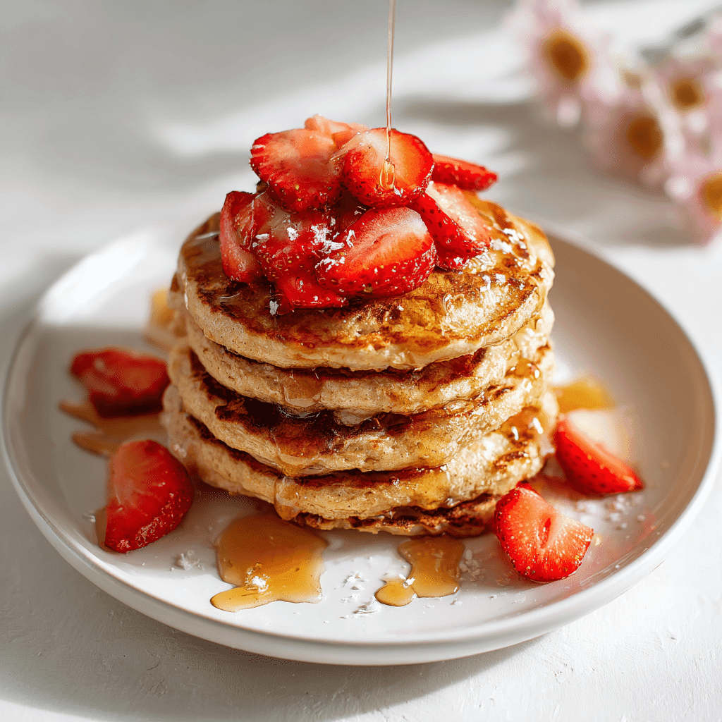 Protein Pancakes No Eggs: Easy, High-Protein, Egg-Free Stack Guide 5 Vegan strawberry vanilla pancakes topped with fresh strawberries and syrup
