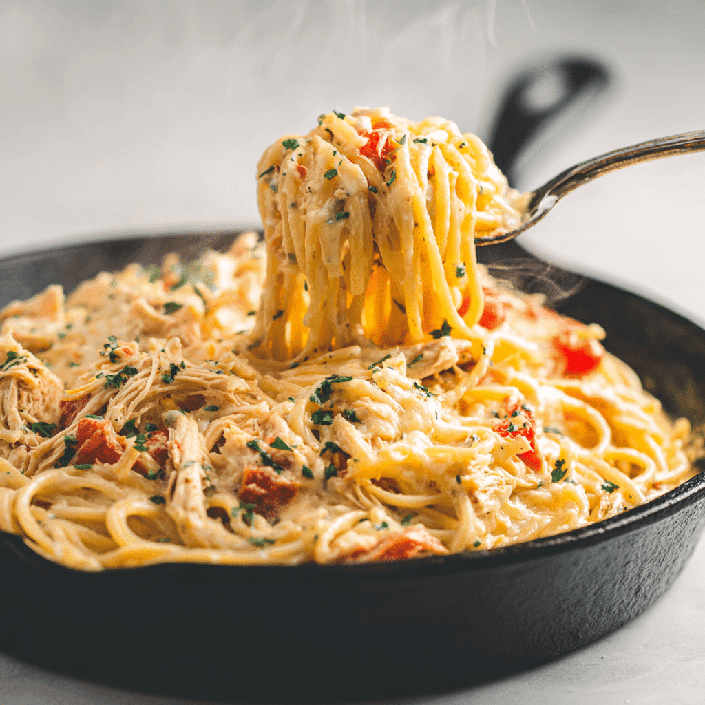 Chicken Spaghetti with Velveeta: The Creamy Classic You’ll Crave 3 Chicken Spaghetti with Velveeta in a cast iron skillet with creamy cheese sauce