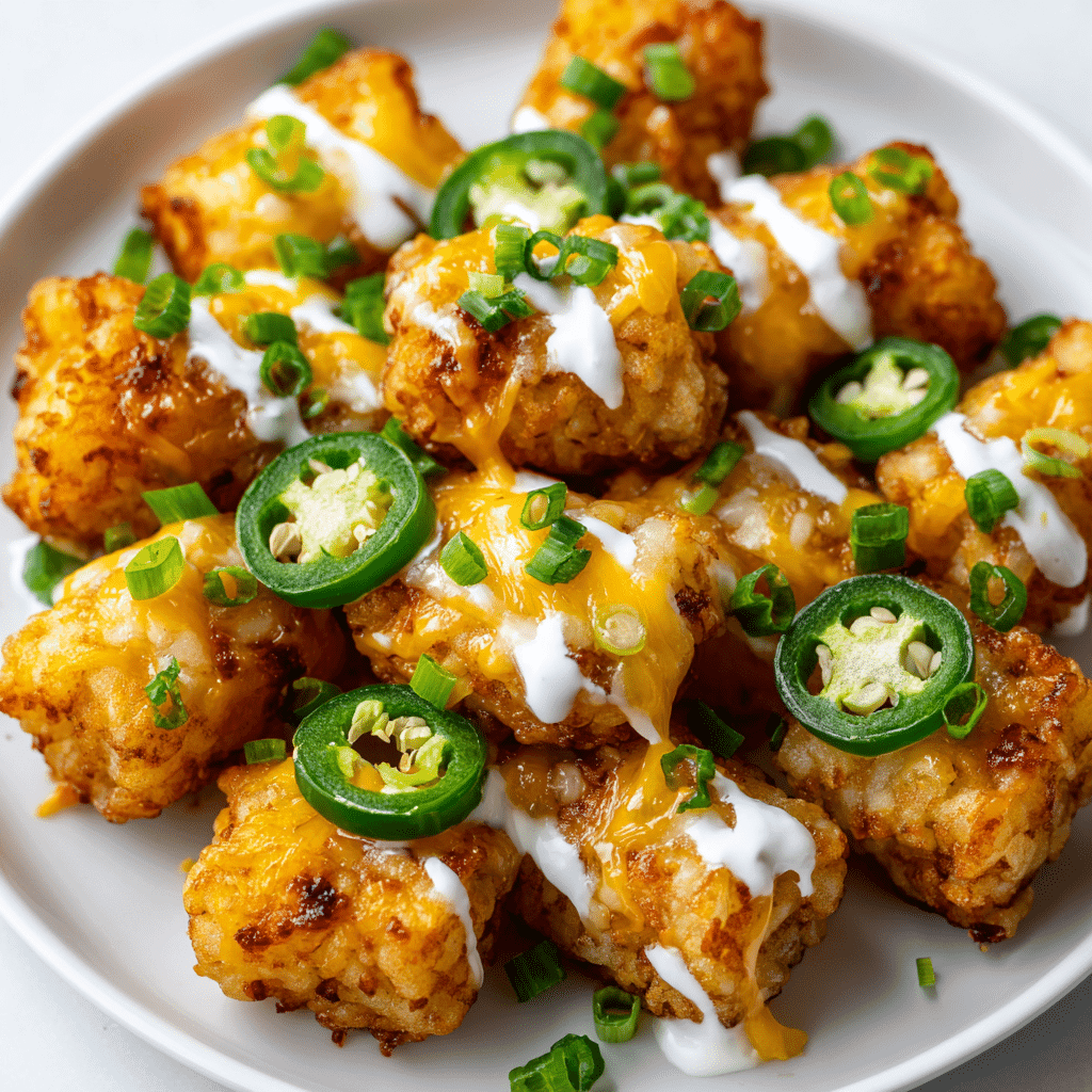 Loaded Tater Tots Recipe That’s Crispy, Cheesy, and Crowd-Pleasing 3 What are loaded tater tots with cheese, bacon, sour cream, and jalapeños on a white plate