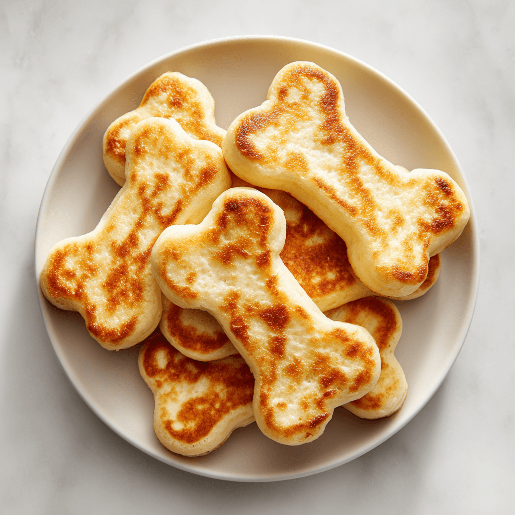 Dog Pancake Recipe Your Pup Will Love (and You Can Eat Too!) 3 Golden, bone-shaped dog pancakes on a white plate