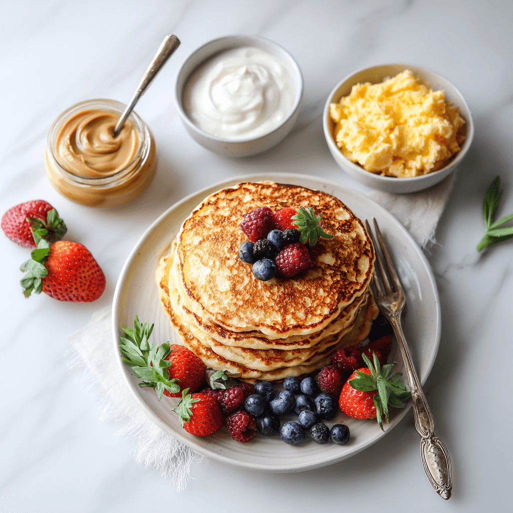 Protein Pancakes Without Protein Powder: Real Food, Big Flavor 5 Protein pancakes with fresh berries, yogurt, nut butter, and scrambled eggs