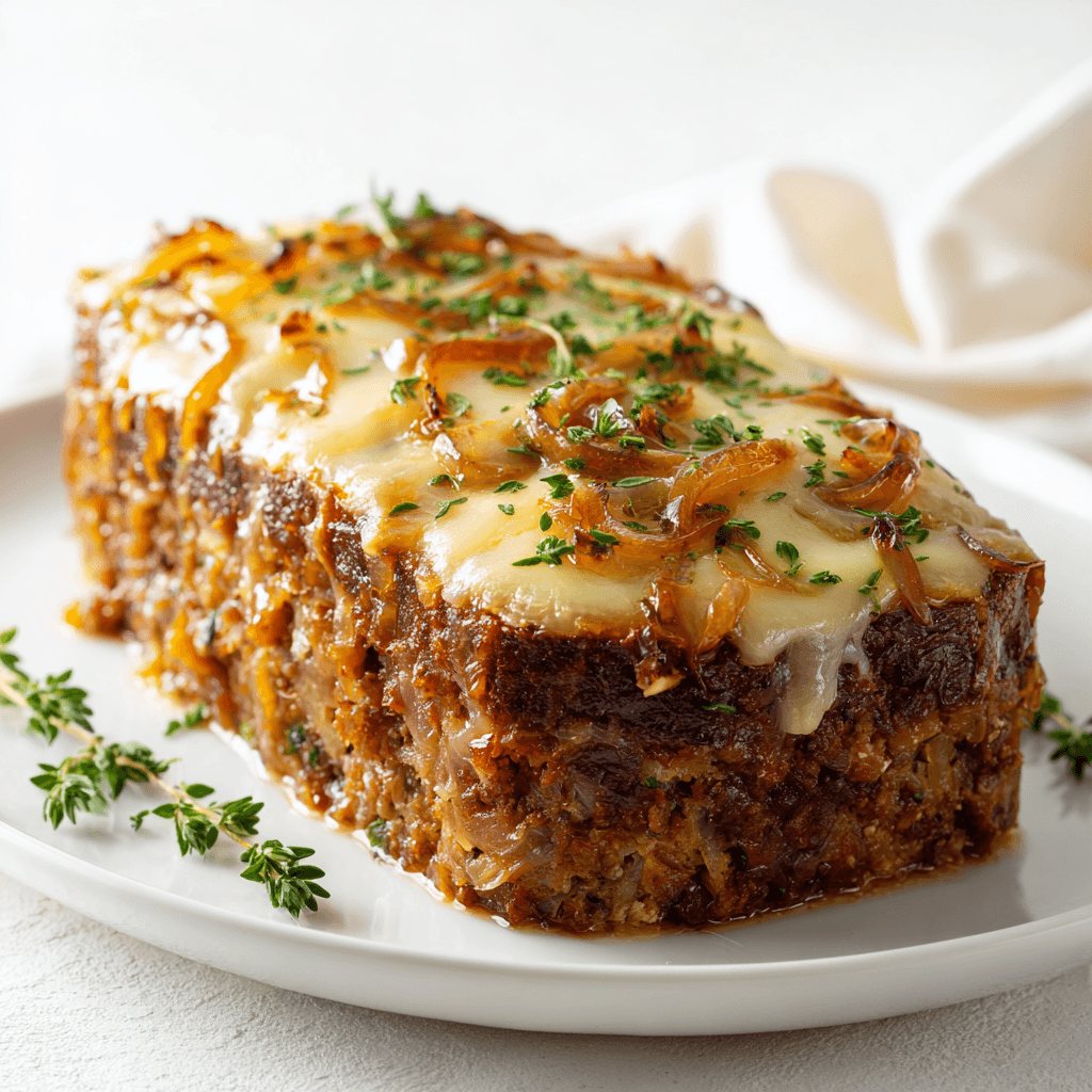 Crockpot French Onion Meatloaf – A Slow-Cooked Comfort Food Classic 5 Whole crockpot French onion meatloaf topped with caramelized onions on a white plate