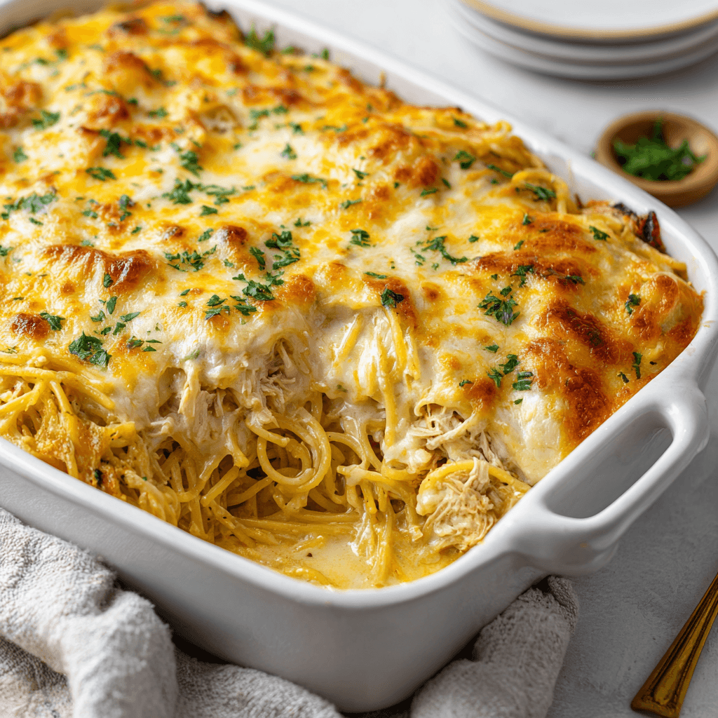 Chicken Spaghetti Casserole Recipe: Comfort Food Made Easy 3 Close-up of golden chicken spaghetti casserole showing creamy layers