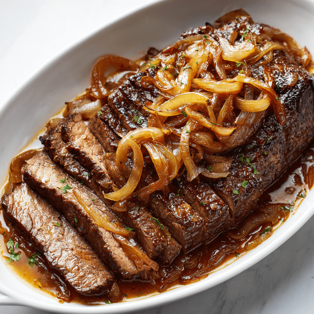 Slow Cooker London Broil Recipe – Tender, Juicy & No-Fuss 3 Slow-cooked London broil in white dish with onions showing tender texture