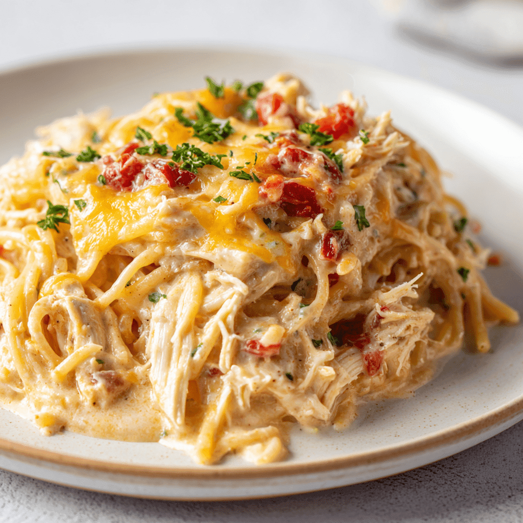 Crockpot Chicken Spaghetti Recipe – Easy, Creamy, Family Favorite 5 Creamy Crockpot Chicken Spaghetti served on a white plate with cheese and tomatoes