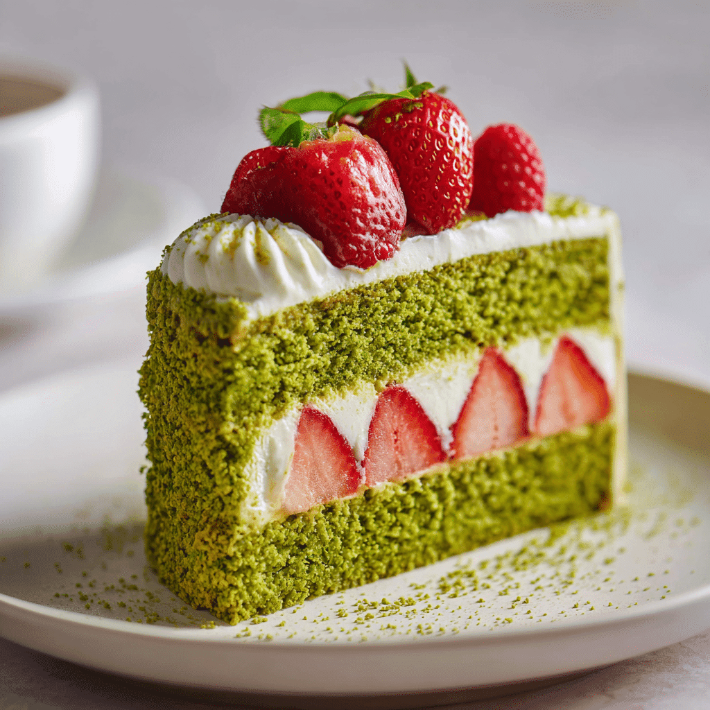 Matcha Cake Recipe – Easy, Vibrant, and Delicious 3 single slice of layered matcha cake recipe with cream and fresh berries