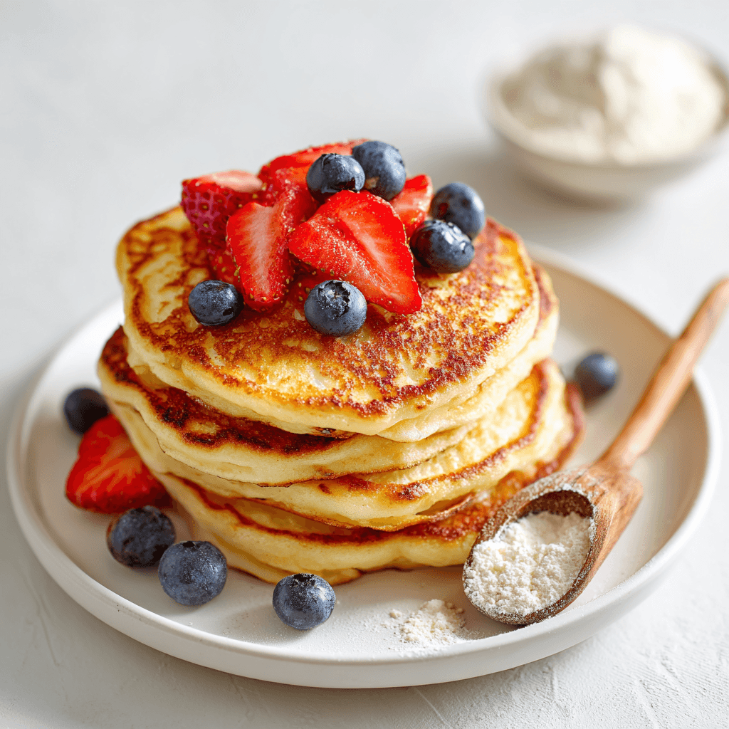 Protein Powder Pancake Recipe for Fluffy, Healthy Mornings 3 Protein powder pancake recipe stack with strawberries, blueberries, and a scoop of protein powder