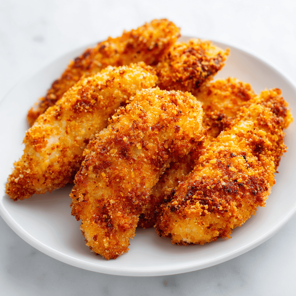 Reheat Chicken Tenders in Air Fryer: Crispy & Juicy Every Time 2 Perfectly air-fried chicken tenders showing golden crispiness on a white plate