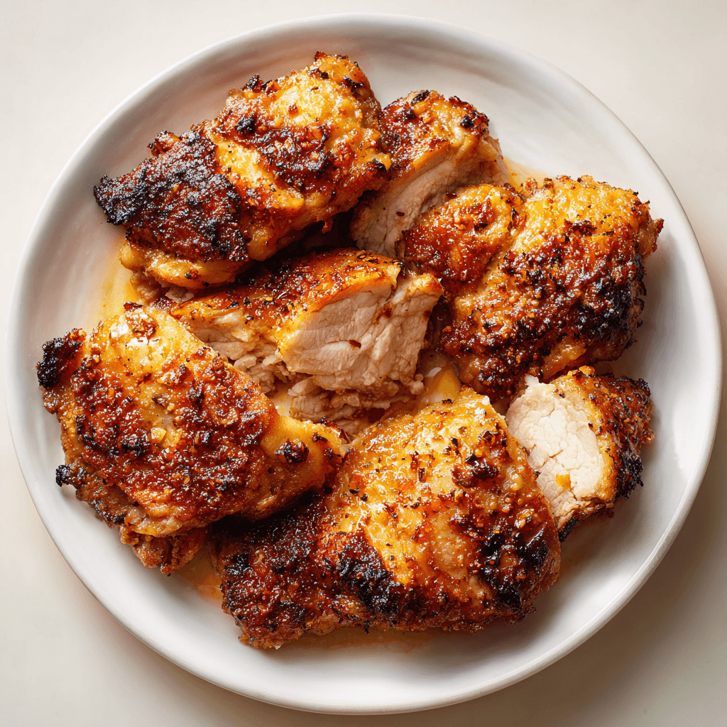 Air Fryer Boneless Chicken Thigh Recipe – Juicy, Fast & Crispy Every Time 7 Crispy air fryer boneless chicken thighs on a white plate