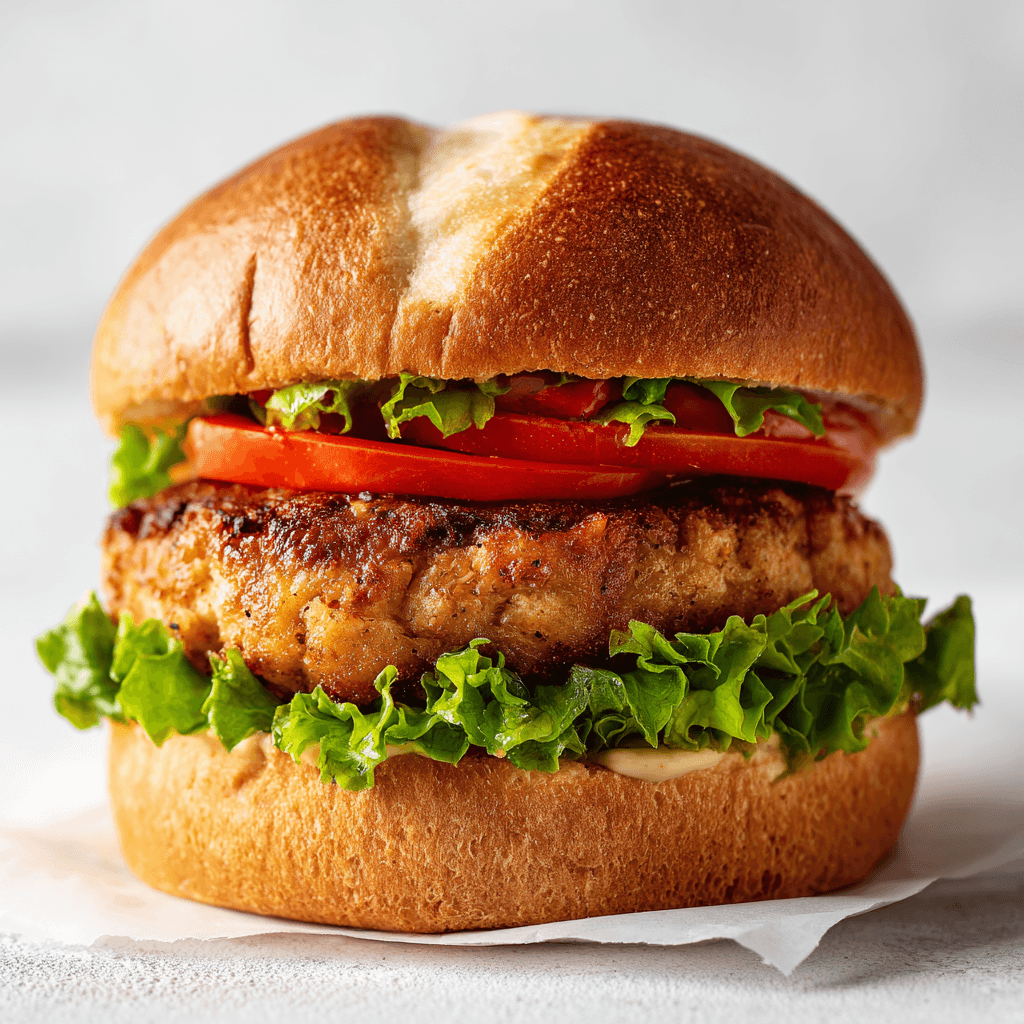 Air Fryer Chicken Patties – Crispy, Juicy & Fast Every Time 5 Golden crispy air fryer chicken patties stacked in a sandwich with lettuce and tomato