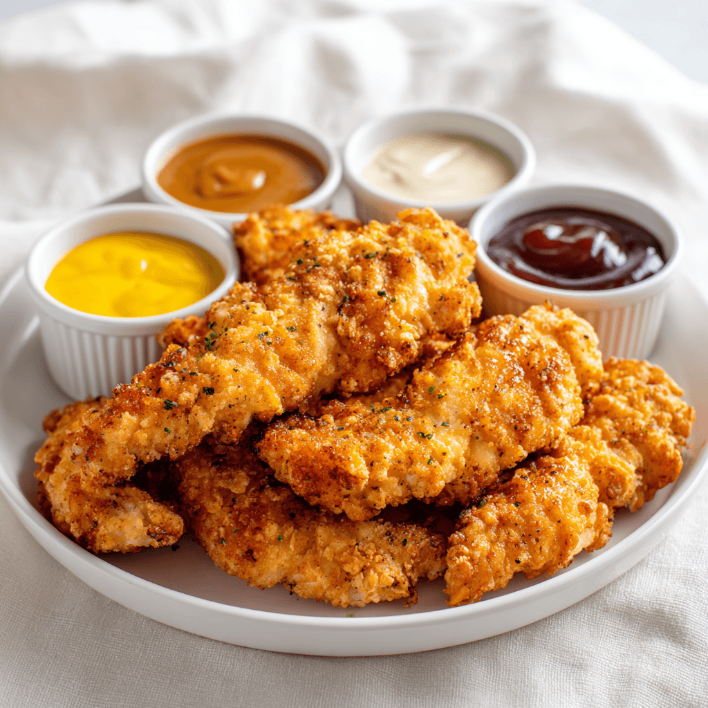 Air Fryer Chicken Tenders – Golden, Crunchy, Family Favorite 5 Air fryer chicken tenders with assorted dipping sauces on a white plate