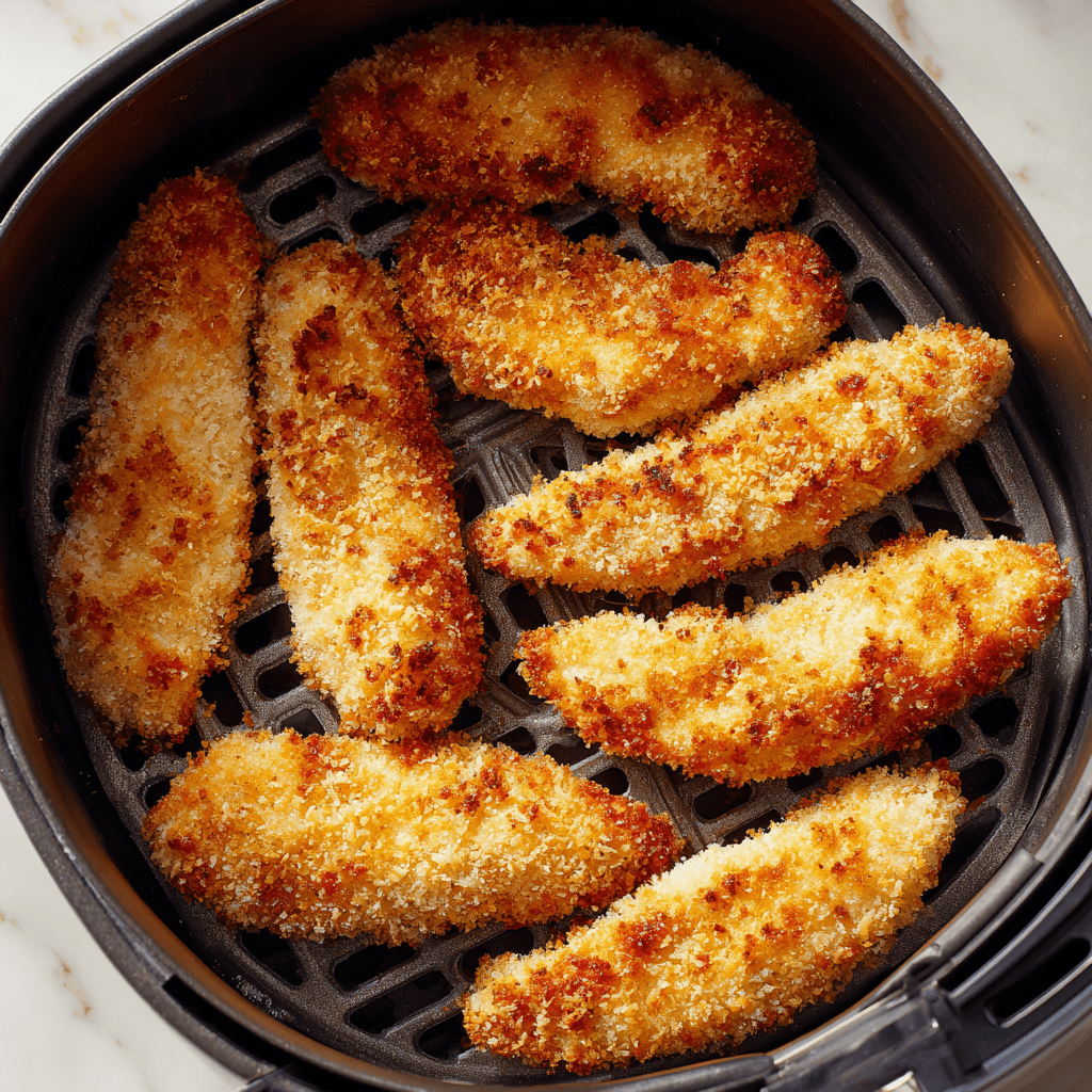 Flour-coated chicken tenders cooking in an air fryer basket.