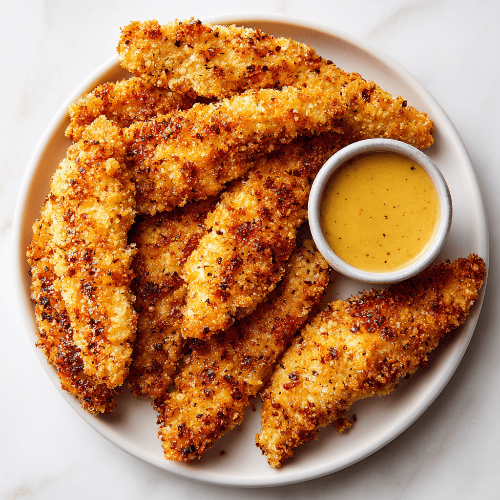 Air Fryer Chicken Tenders – Golden, Crunchy, Family Favorite 6 Crispy air fryer chicken tenders with honey mustard on a white plate
