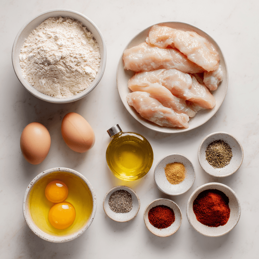 Ingredients for air fryer chicken tenders with flour arranged on a white surface.