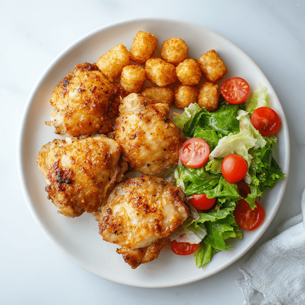 Air Fryer Boneless Chicken Thigh Recipe – Juicy, Fast & Crispy Every Time 6 Full meal with air fryer chicken thighs, salad, and tater tots on white plate