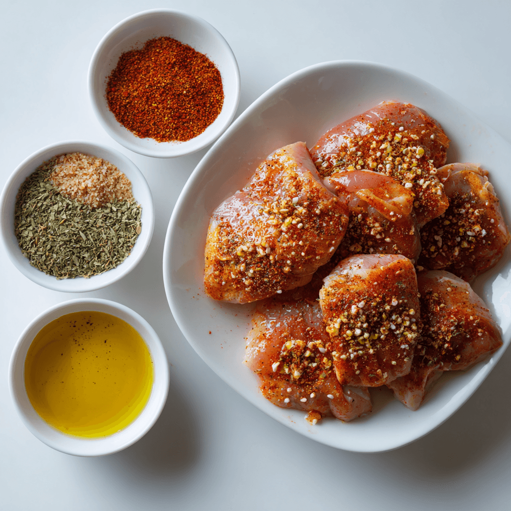 Air Fryer Boneless Chicken Thigh Recipe – Juicy, Fast & Crispy Every Time 3 Raw chicken thighs with marinade and dry rub on a white plate