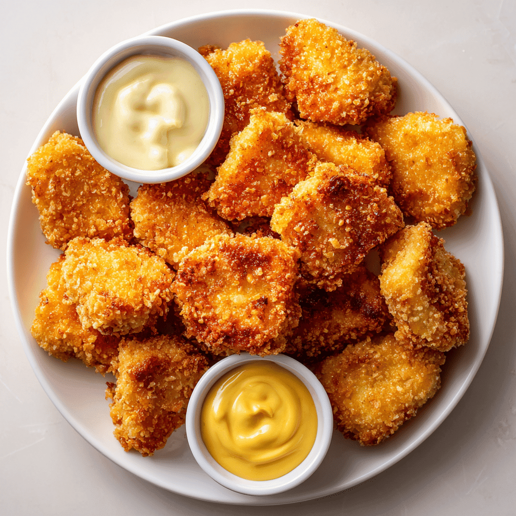 Air Fryer Frozen Chicken Nuggets: Crispy & Ready in 10 Minutes 6 Golden crispy air fryer frozen chicken nuggets with dipping sauces on a white plate