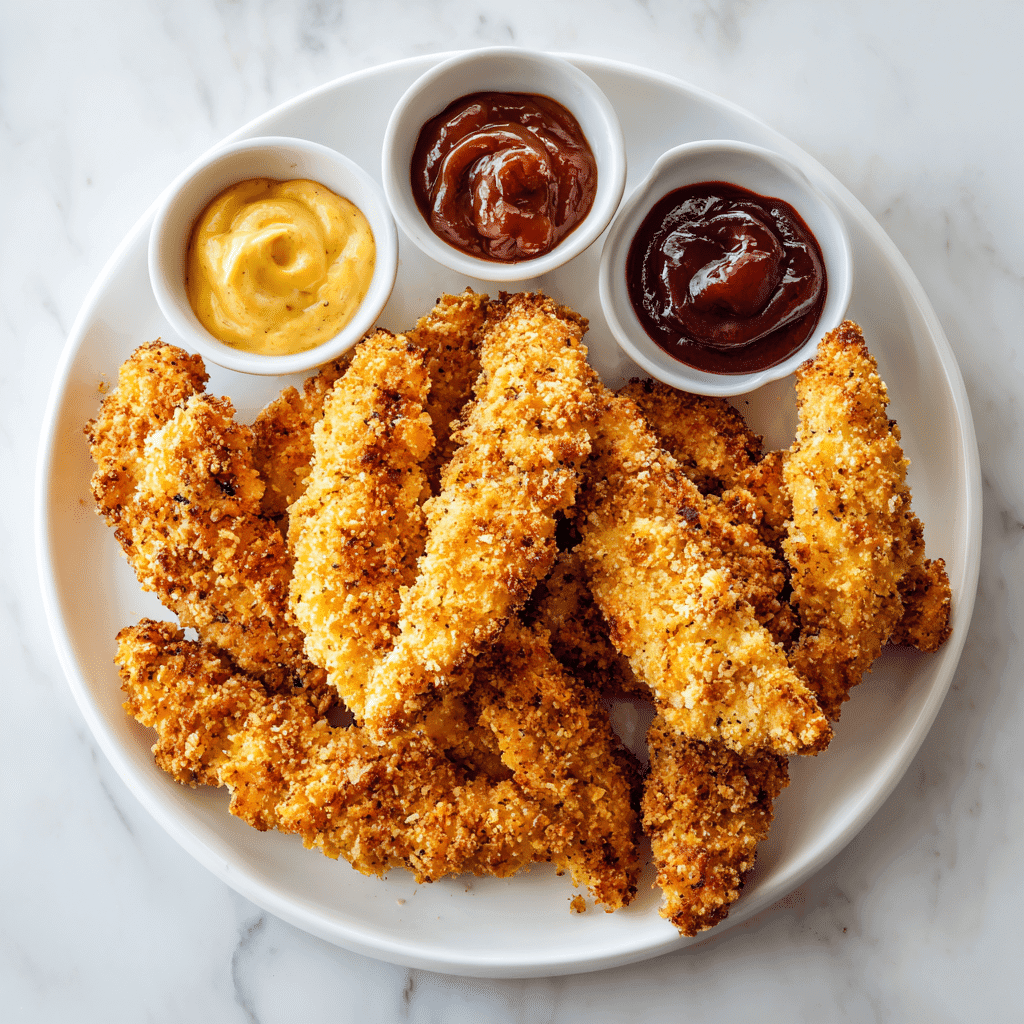Crispy frozen chicken tenders served with dipping sauces on a white dish