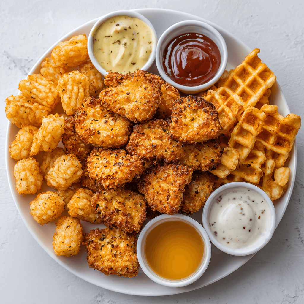 Air Fryer Frozen Chicken Nuggets: Crispy & Ready in 10 Minutes 4 Air fryer frozen chicken nuggets with tater tots, waffle fries, and dipping sauces on white plate