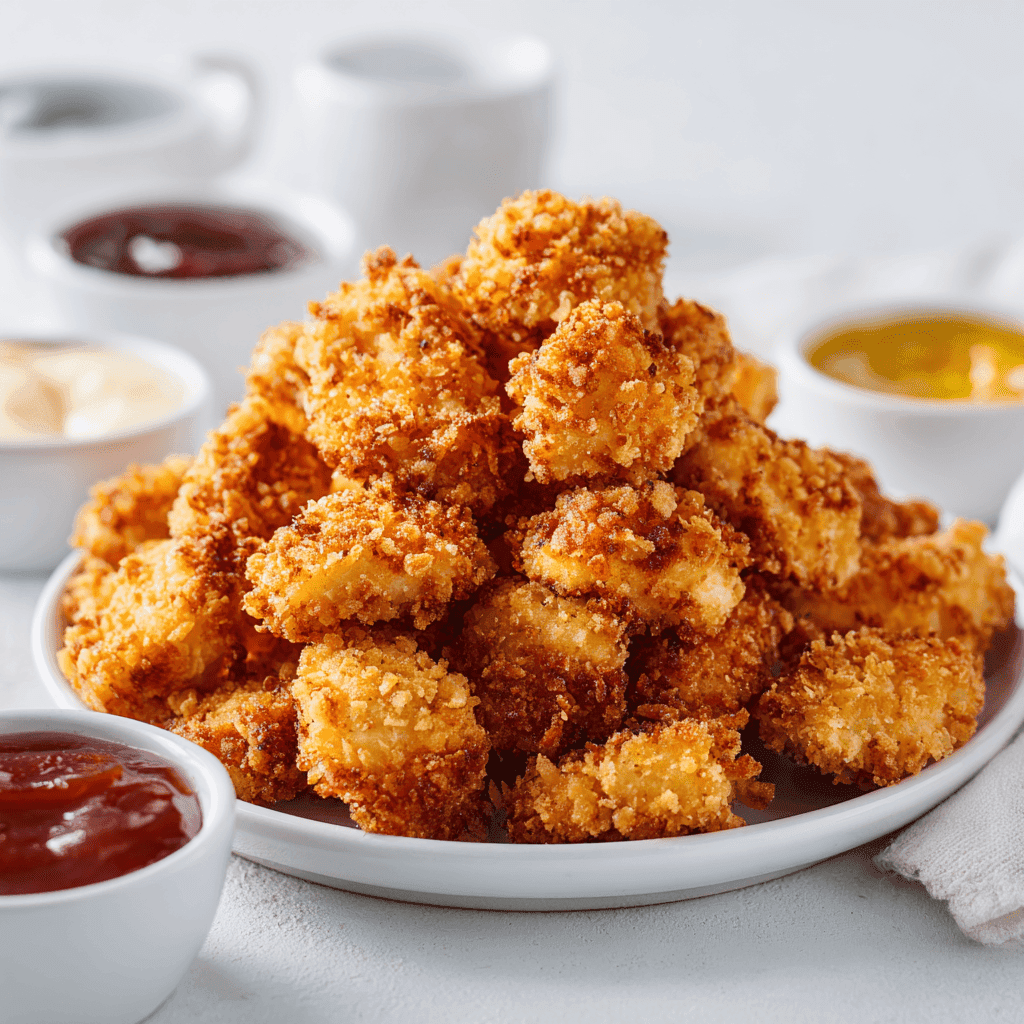 Air Fryer Popcorn Chicken (Crispy, Juicy & Easy Recipe) 5 Air fryer popcorn chicken with dipping sauces on a white plate