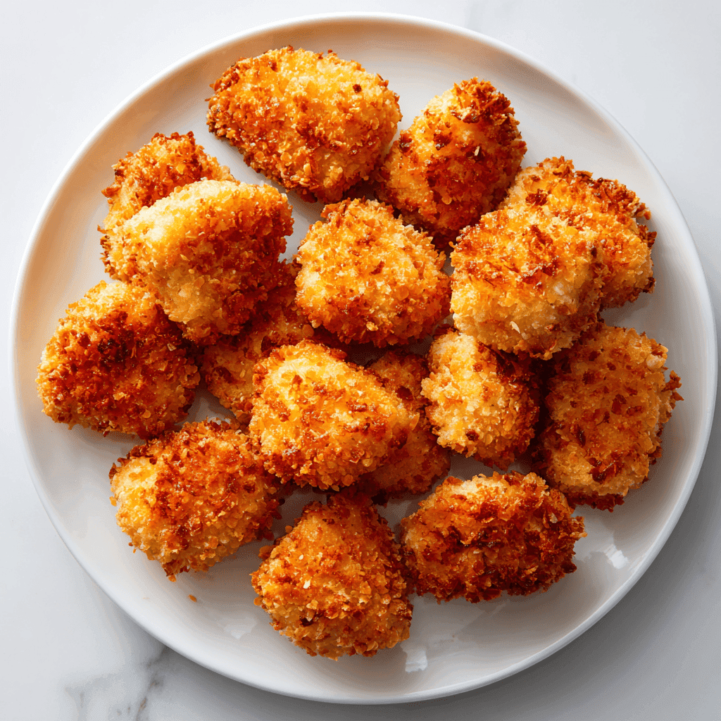 Crispy golden air fryer popcorn chicken on a white plate
