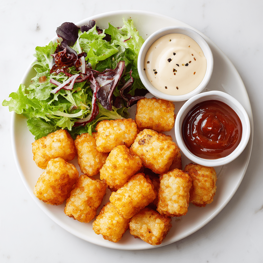 Air Fryer Tater Tots: Crispy, Quick, and Foolproof Every Time 4 Air fryer tater tots served with burger slider, sauces, and salad
