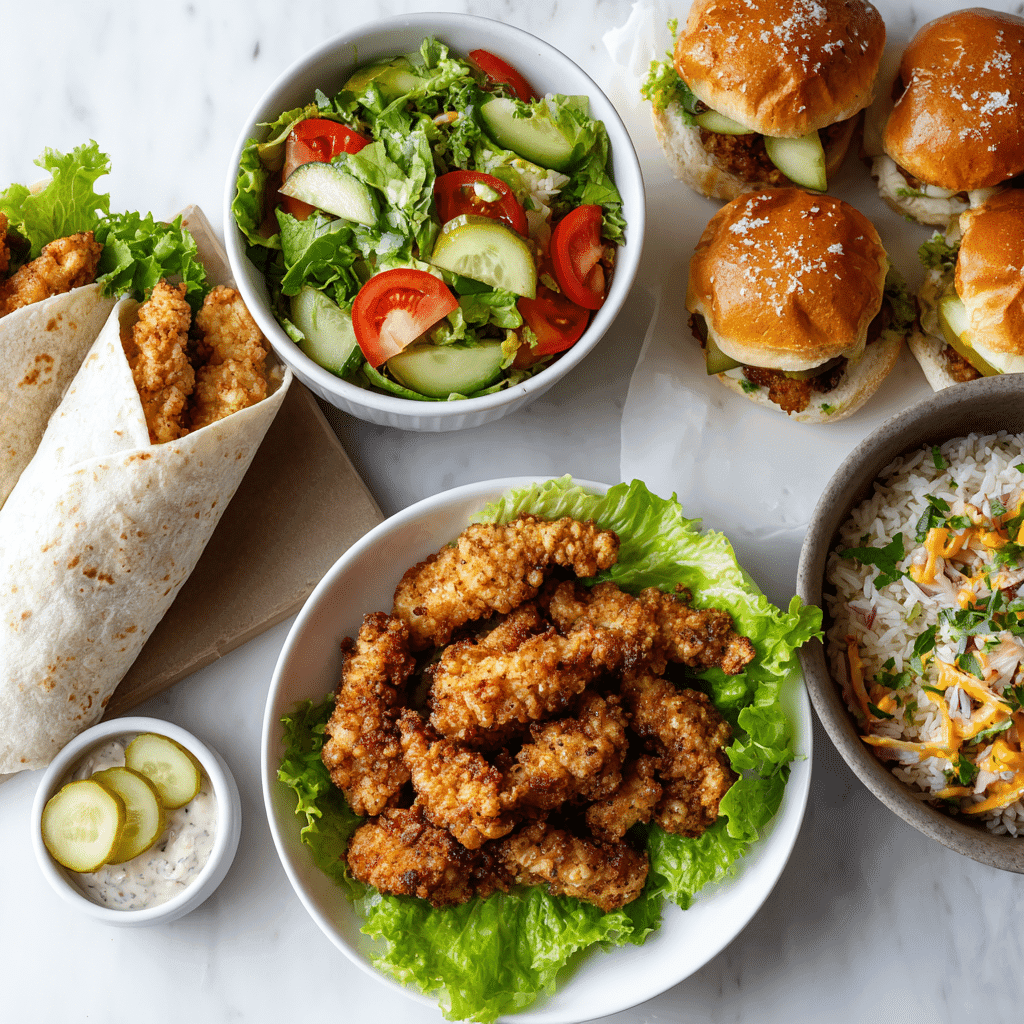 Air fryer chicken tenders with flour served in salad, wraps, sliders, and bowls.