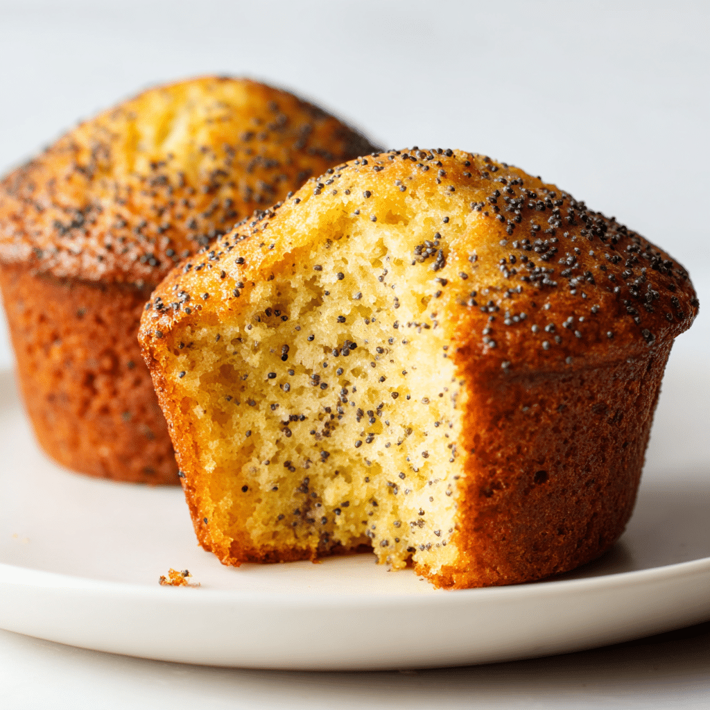 Perfectly baked lemon poppy seed muffin showing golden top and fluffy interior