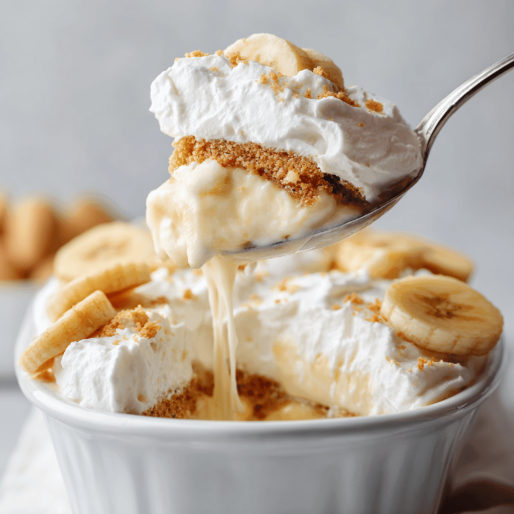 Banana Pudding Recipe: Creamy, Southern, and No-Bake Friendly 6 Spoon scooping into banana pudding showing creamy layers and whipped topping