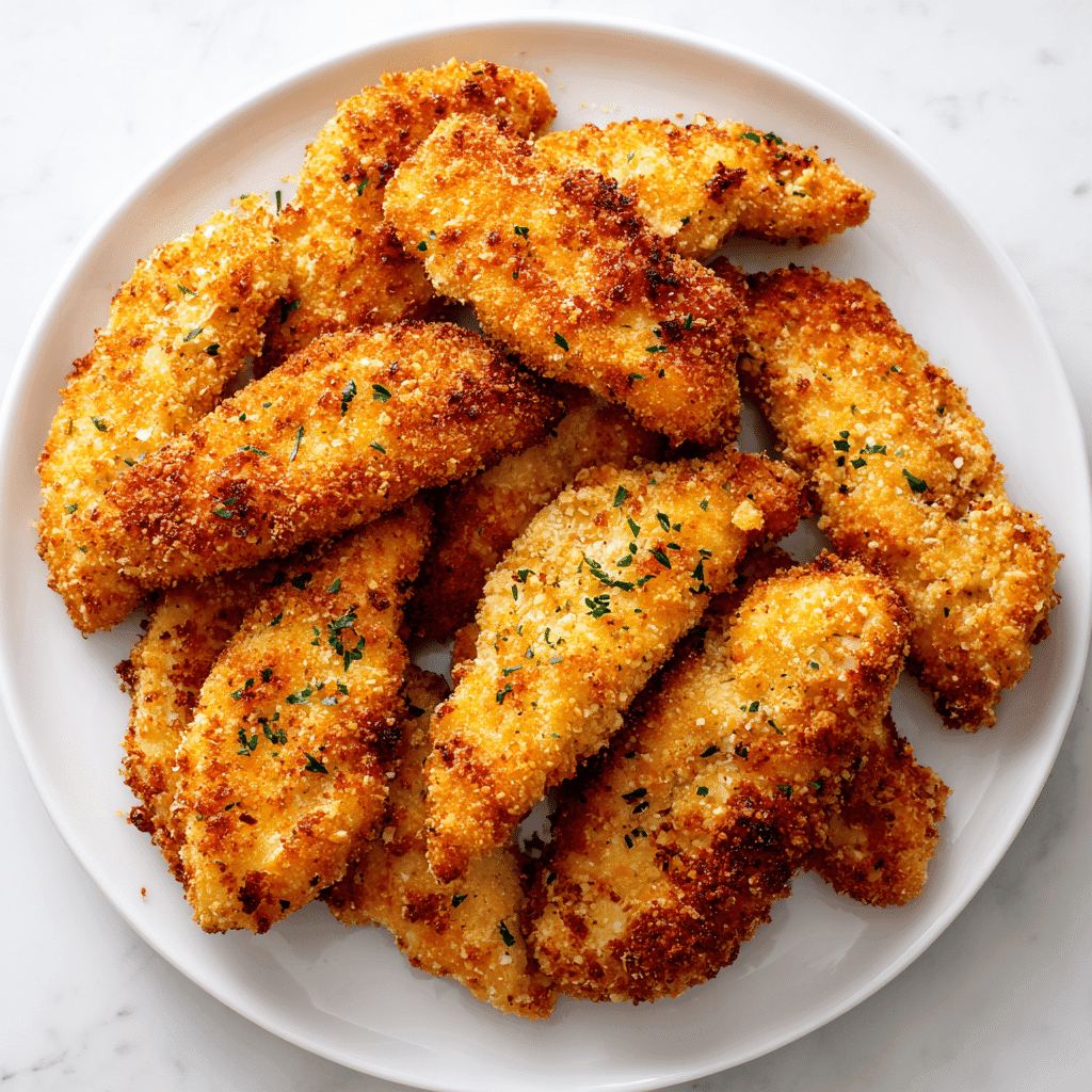 Crispy air fryer frozen chicken tenders served on a clean white plate