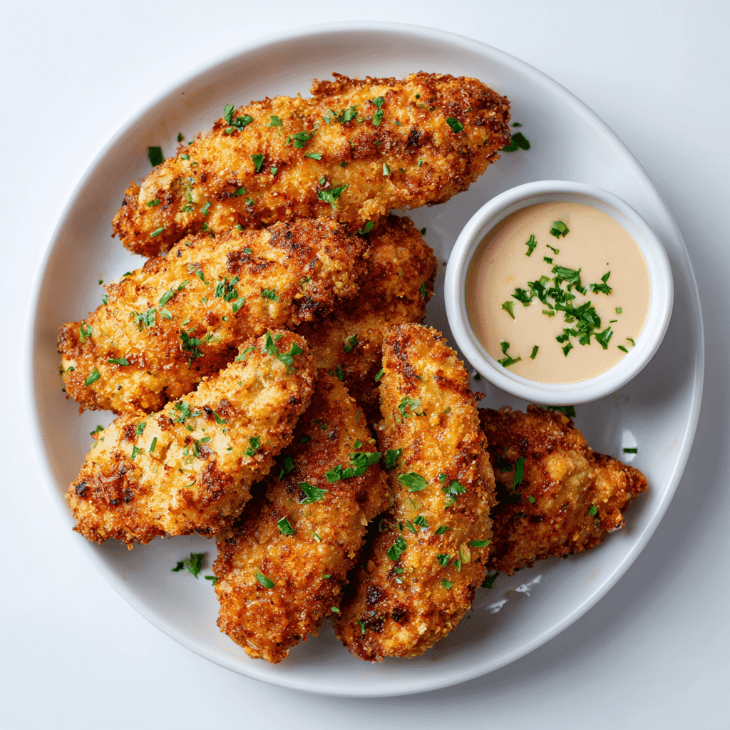 Final plated crispy air fryer chicken tenders with flour and dipping sauce.