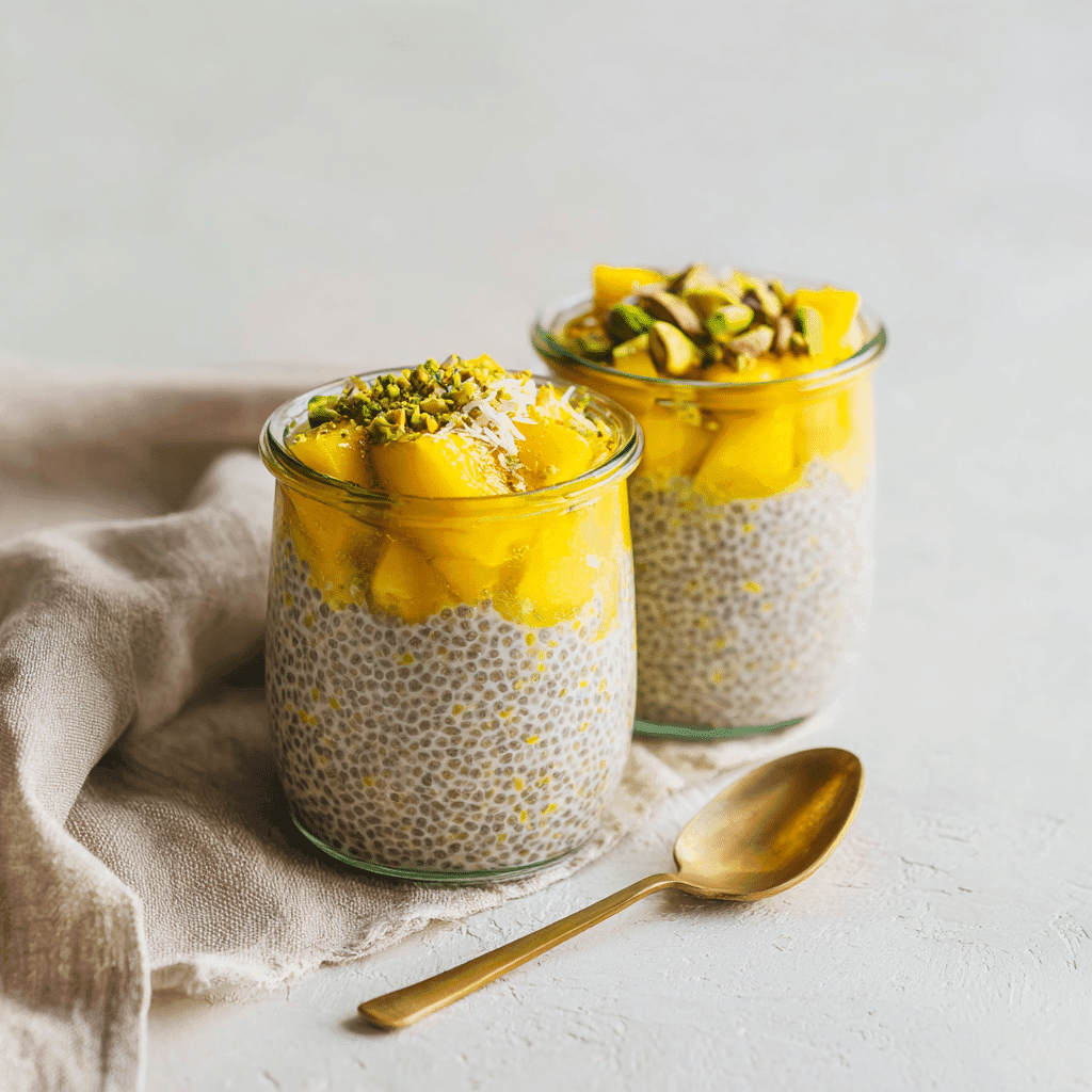Mango Chia Pudding – Creamy, Healthy, and Easy to Make 4 Two jars of mango chia pudding with tropical toppings